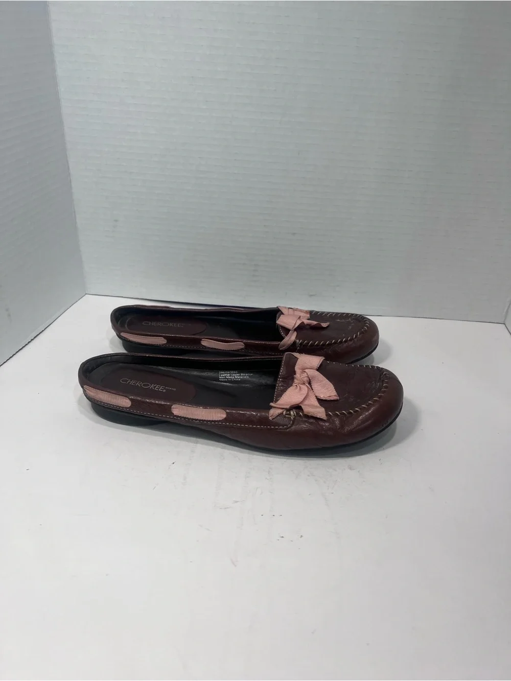 Cherokee Brown Loafers with Pink Bow Accents